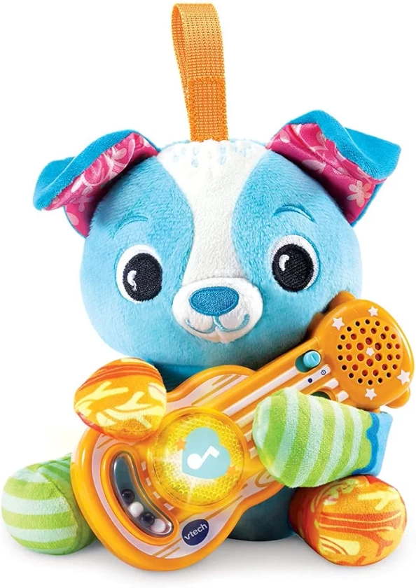 VTech - Tango, P'tit Chien Musicien, Peluche Chiot Bébé avec Guitare Interactive, Éveil Musical, Jouet Poussette, Siège Auto et Parc Bébé, Cadeau de Naissance Dès 3 Mois - Contenu en Français