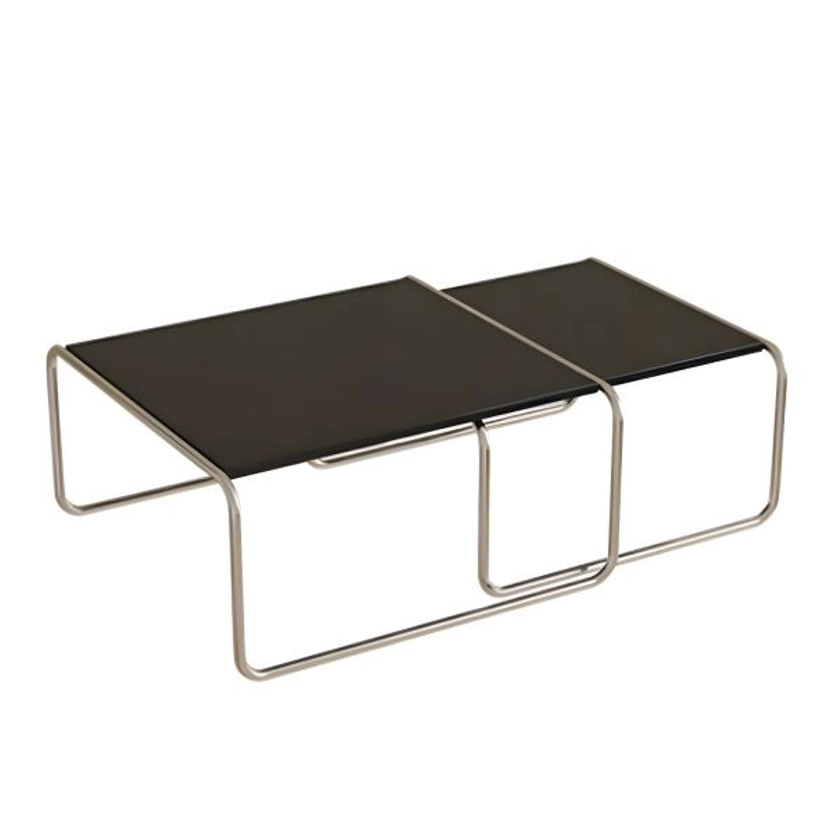 Square Modern Coffee Table with Wood Top and Silver Stainless Steel Base - Black 31"L x 31"W x 14"H+28"L x 28"W x 14"H
