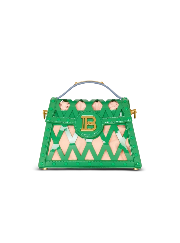 B-Buzz Dynasty bag in Grid patent leather green - Women | BALMAIN