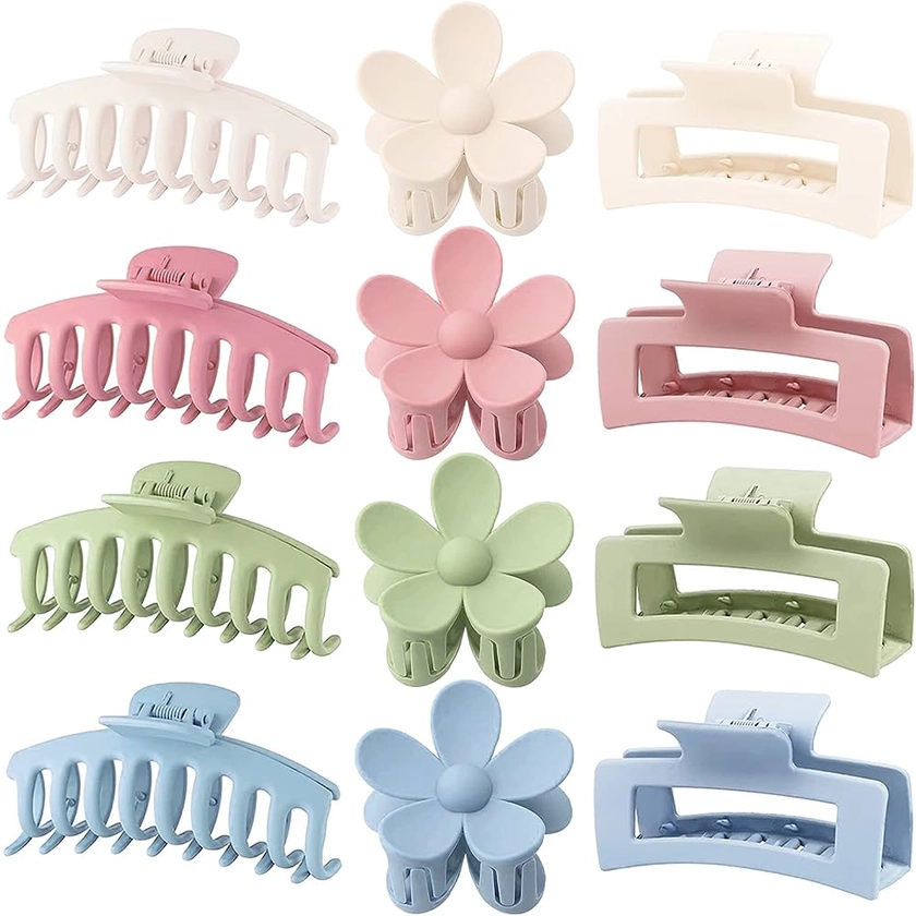 Large Hair Claw Clips 12 Pack Flower Hair Clips for Thick Hair, Big Hair Clips Square Matte Strong hold for Thin Hair, Cute Hair Clips for Women, 3 Styles Claw Hair Clip for Thick Thin Hair