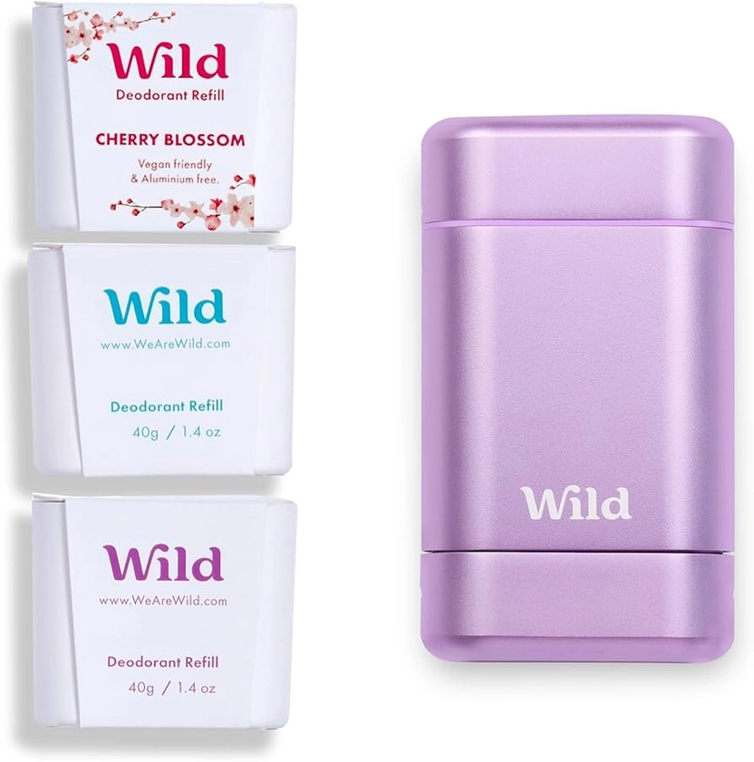 Wild - Purple Case with Refill Variety Pack (3 x 40g) - Natural Refillable Deodorant - Aluminium Free - Includes Fresh Cotton & Sea Salt, Cherry Blossom and Coconut & Vanilla Scents - Vegan