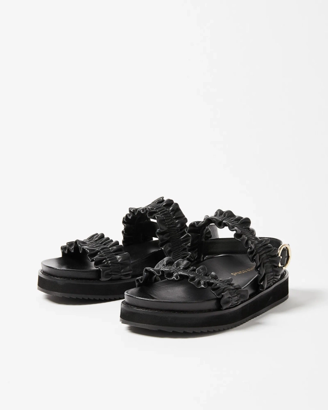 Chunky Frill Black Leather Sandals | Oliver Bonas