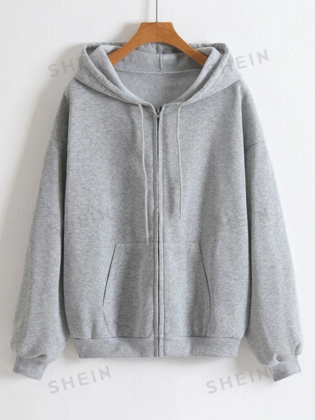 SHEIN EZwear Solid Drawstring Pocket Zip Up Thermal Lined Hoodie