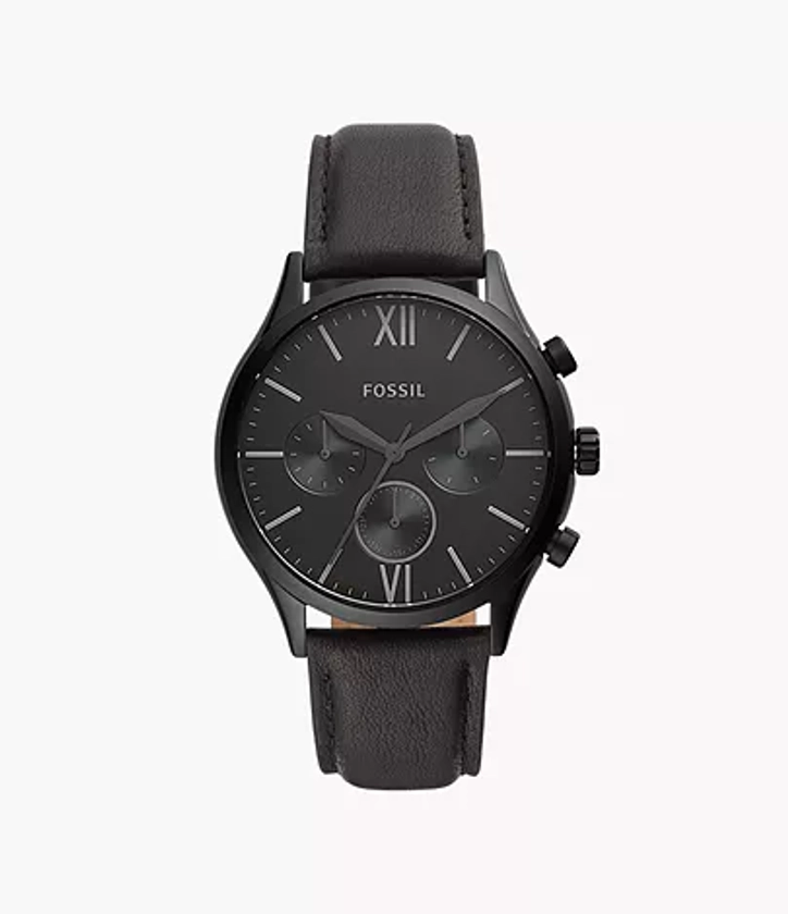 Montre Fenmore multifonction en cuir noir