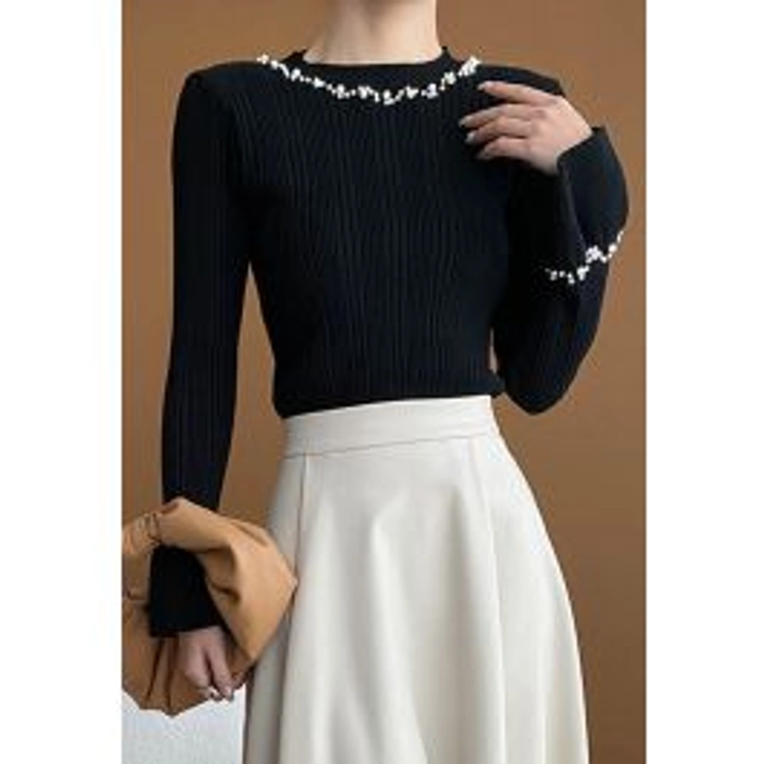 Pearl Adorned Flare Cuffs Ribbed Knit Top in Black