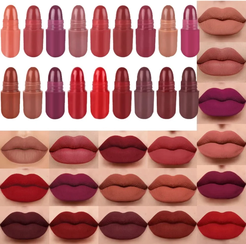 evpct 18Pcs Mini Pills Lipstick Capsule Set for Women Waterproof Long Lasting Deep Red Matte Small Magic Permanent Lipstick 24 Hour Lipstick Bulk Samples Sampler labiales mate 24 horas originales 01