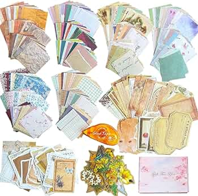 BLEDS 501Pcs Scrapbook Supplies, Journaling Supplies Kit 460 Sheets Thin Decorative Scrapbook Paper with 40 Pcs Flower Stickers 1 Roll Double-Side Adhesive for Tags Ephemera Card Planner Junk Journal