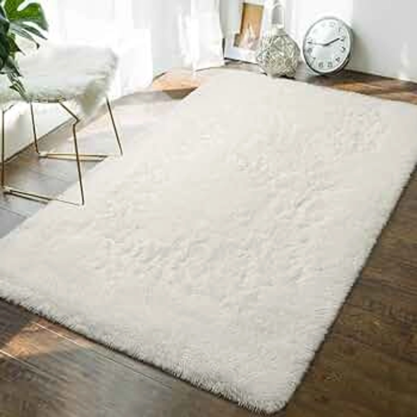 Andecor Soft Fluffy Bedroom Rugs, 4 x 6 Feet Indoor Shaggy Plush Area Rug for Boys Girls Kids Baby College Dorm Living Room Home Decor Floor Carpet, Cream White