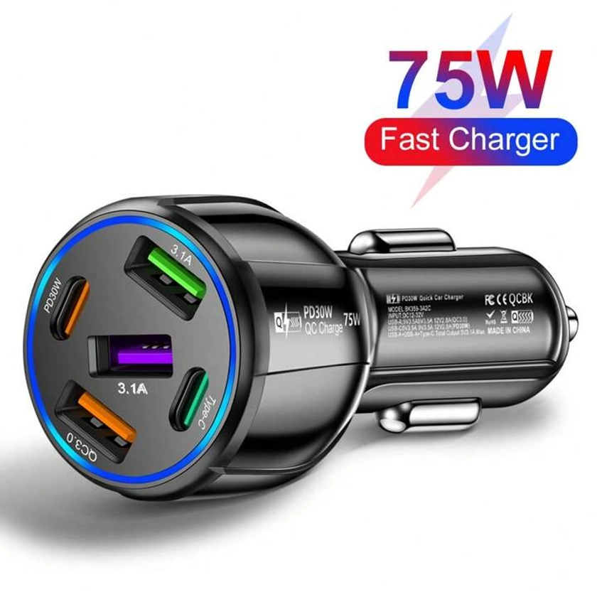 1 PC Black Cigarette Lighter Car Charger5 Ports USB Type C Car Charger Dual PD 75W Fast Charging Phone Charger Adapter in Car For iPhone Xiaomi Huawei Quick Charge 3.0 Car Phone Chargers