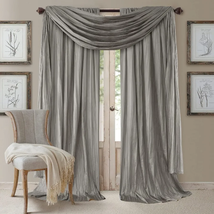 Elrene Home Fashions Athena Faux Crushed-Silk Window Curtain Panel and Valance Set, 52"x108" (2 Panels) & 1 Valance, Sterling