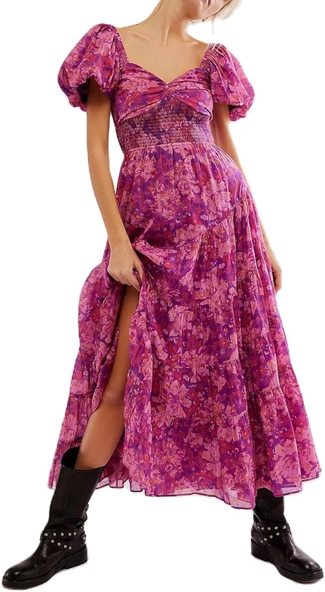 Women Spring Dresses Flowy Smocked Maxi Dress Puff Sleeve Sweetheart Y2K Floral Boho Summer Sundresses