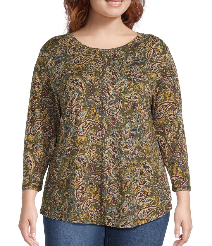 Westbound Plus Size Vibrant Paisley Print 3/4 Sleeve Knit Crew Neck Top | Dillard's