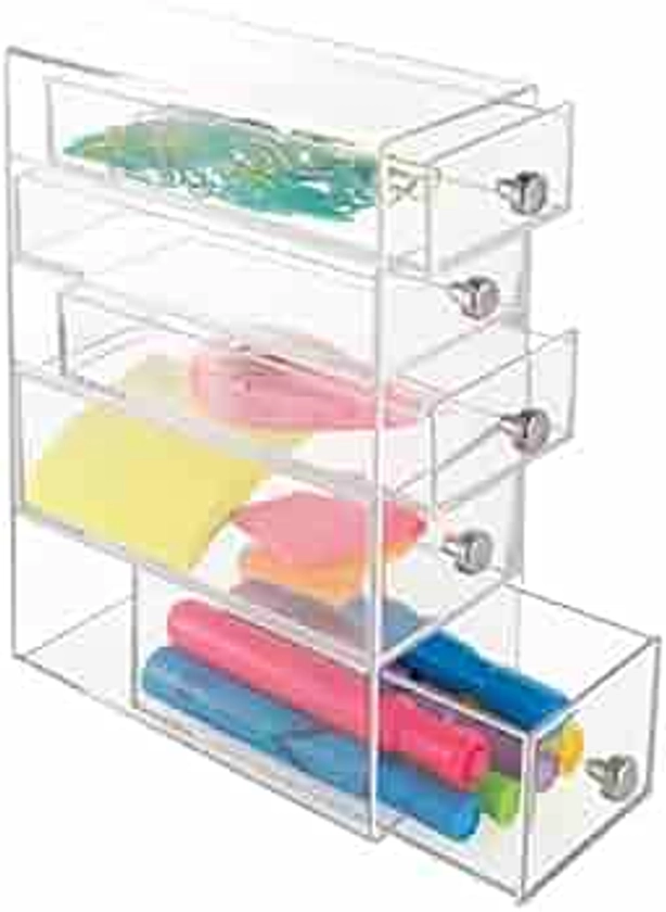 mDesign Desktop Drawer Organiser – Desk Storage for Stationery Such as Pens, Pencils, Staplers and More – Desk Tidy with 5 Drawers – Clear