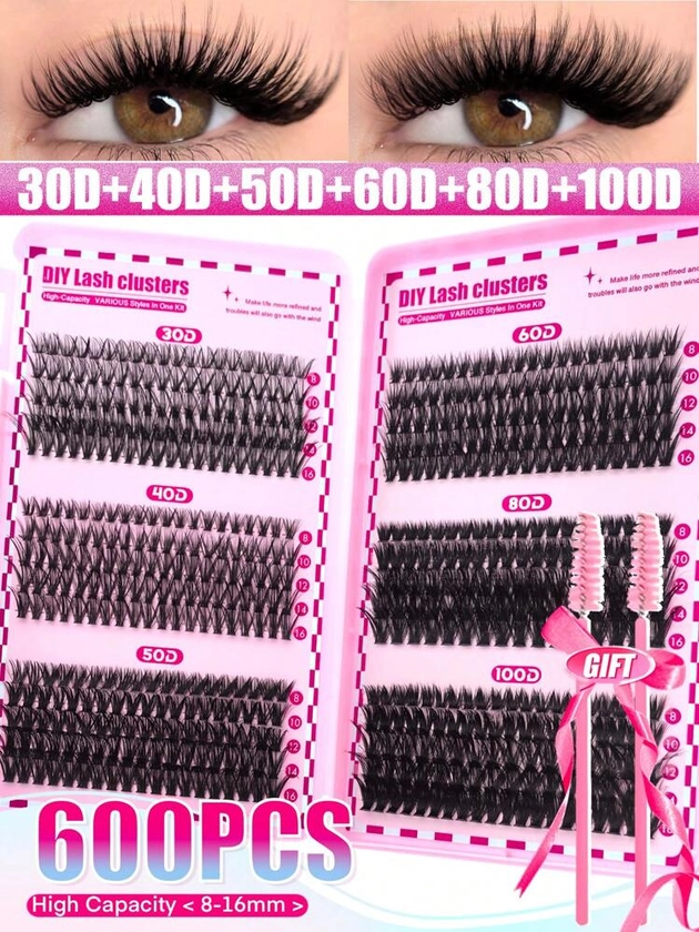 600PCS Individual Lash Clusters Large Capacity 30D+40D+50D+60D+80D+100D D Curl 8-16mm DIY Lash Clusters Natural Look&Extra Thick&Wispy&Ultra Soft&Super Light Reusable Individual Segmented False Eyelashes Eyelash Extension Kit With Makeup Tools 2 Lash Brushes For Beginner Use At Home Or On-The-Go For Daily Life&Wedding&Dating&Party&Music Festival&Halloween | SHEIN UK