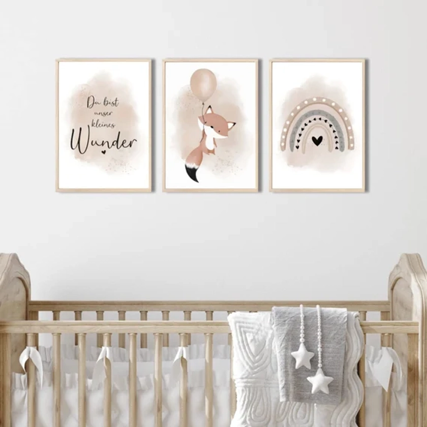 MeinBaby123® Lot de 3 images DIN A4 Chambre d&#39;enfant | Affiche décoration chambre enfant | Décoration chambre bébé | Peintures murales de citations (renard et ballon beige)