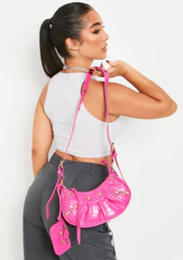 Gigi Pink Croc Faux Leather Shoulder Bag | Women's Bags | MissyEmpire