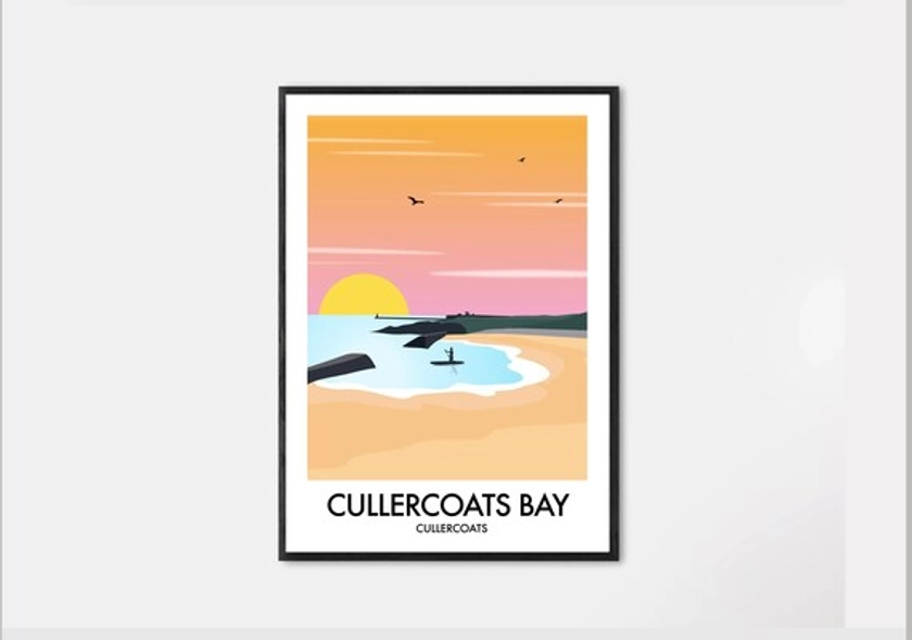 Cullercoats Bay Beach Travel Print, Cullercoats, North East Coastline, Newcastle Upon Tyne Wall Art