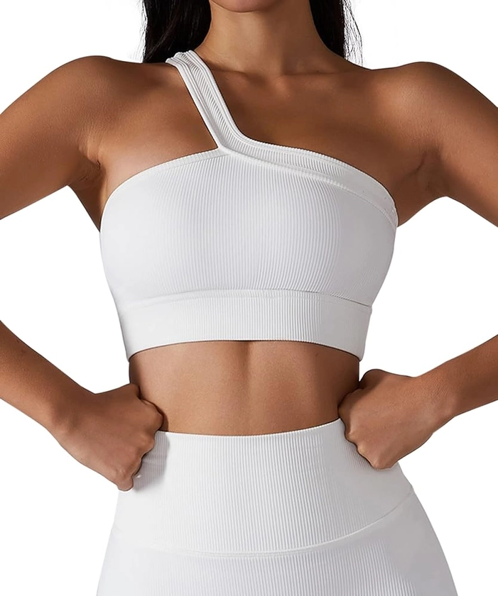 MISSACTIVER Women One Shoulder Workout Tank Yoga Bra Ribbed Knit Strap Solid Color Crop Tank Top Sport Vest(Small,White)