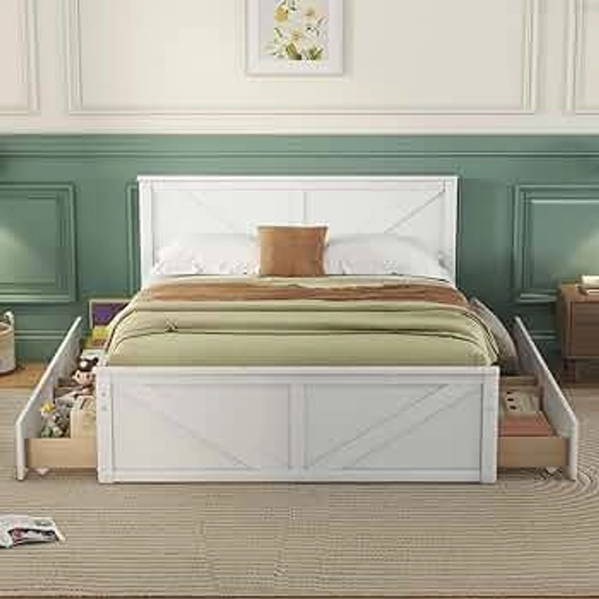 Queen Size Platform Bed Frame with 4 Storage Drawers, Wood Queen Storage Bed Frame with Headboard , Queen Size Bed with Wooden Support Legs for Girls Boys, No Box Spring Needed ,White