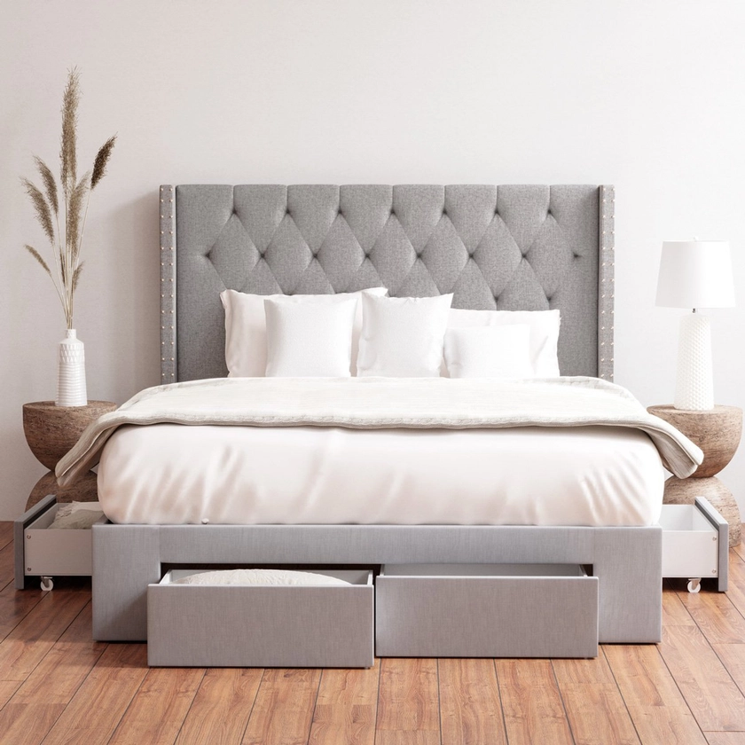 Leonora King Grey Fabric Four Drawers Storage Bed Frame with Studded Wings
