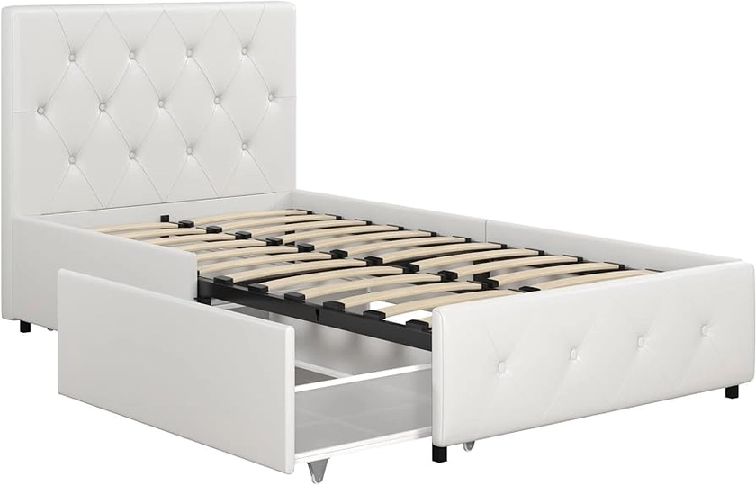 Amazon.com: DHP Dakota Upholstered Platform Bed with Underbed Storage Drawers and Diamond Button Tufted Headboard and Footboard, No Box Spring Needed, Twin, White Faux Leather : Home & Kitchen