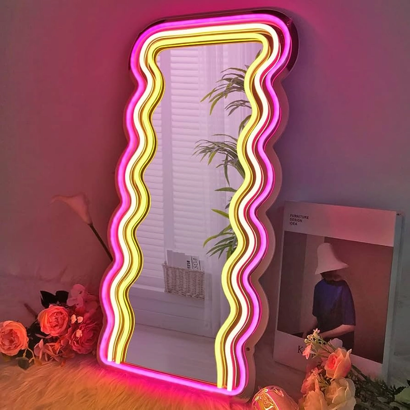 jXIN Wavy Mirror Neon Signs for Wall Decor, 21.3"x 10.6" Wall Mounted Irregular Decorative Mirrors with Dimmable Neon Lights as Gifts for Women Girls, Funny Preppy Room Decor and Office Decor