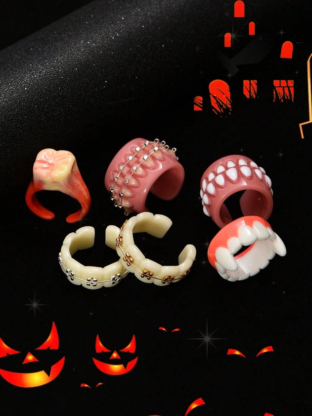 1-6pcs Halloween Novelty Resin Teeth Rings, Funny Y2K Style Multi-Color, Suitable For Men Daily Wear, Valentines Couple Rings