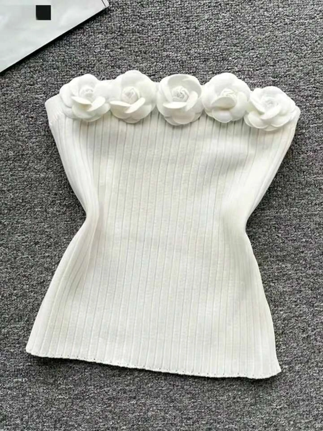 SHEIN Essnce Women Summer Elegant 3d Floral Tube Ribbed Knitted Top