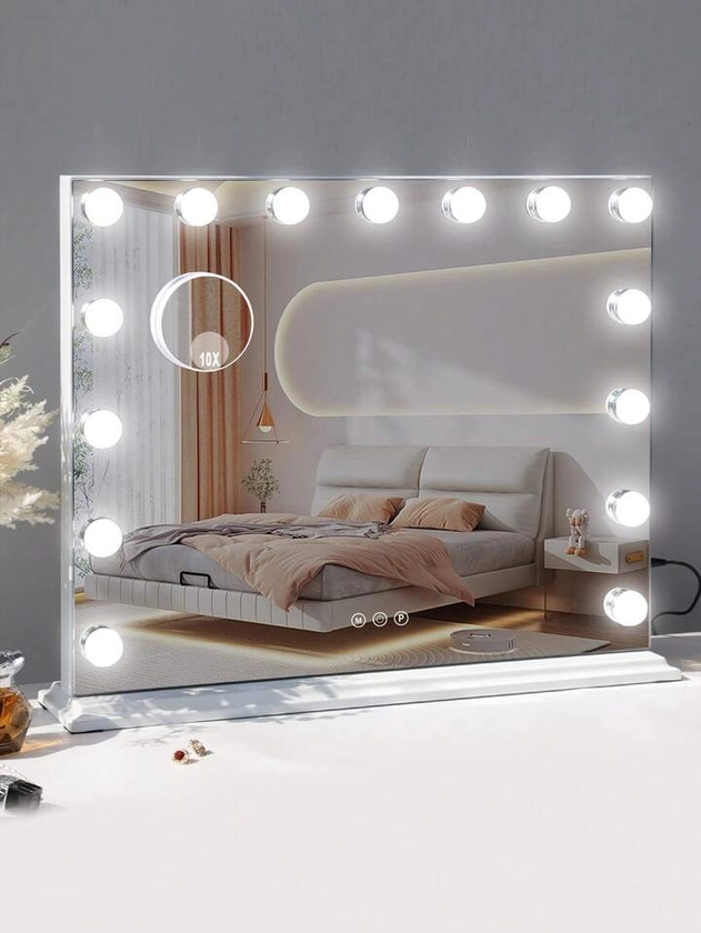 FENCHILIN Hollywood Vanity Cosmetic Mirror For Makeup With Lights, Type-C And USB Output Port, 15 Bulbs 3 Lighting Modes Tabletop And Wall Mounted 58cm X 46cm