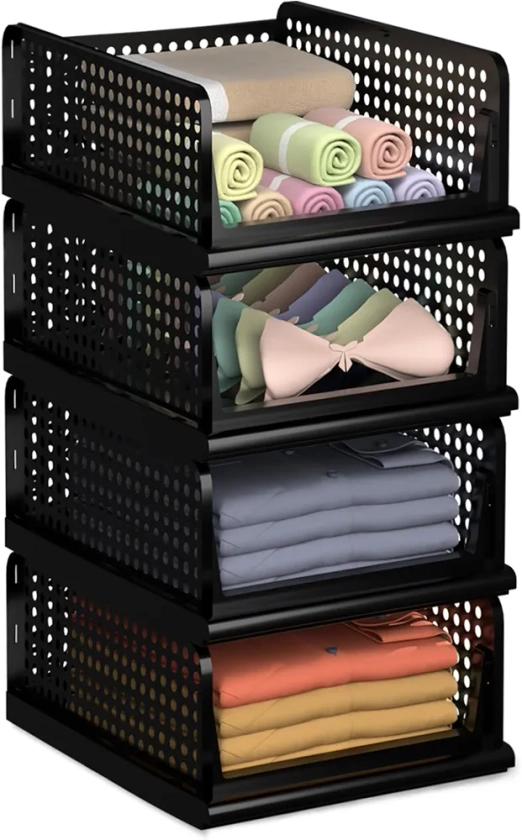 Kuber Industries (Pack of 4) Foldable Cupboard Organizer For Clothes - Stackable Closet Organizer For Wardrobe - For Shirt | T shirt | Jeans - Plastic Cupboard Dress Racks For Clothes Storage (Black) : Amazon.in: Home & Kitchen