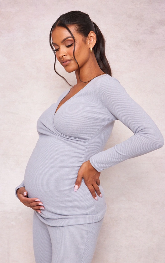 Maternity Grey Brushed Rib Ruched Top