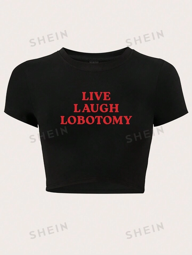 SHEIN EZwear Camiseta corta de ajuste ceñido con estampado de logotipo de ocio de verano LIVE LAUGH LOBOTOMY