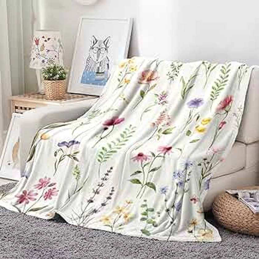 Wildflowers Throw Blanket Botanical Floral Printed Blanket Super Soft Flannel Throw Blanket Lightweight Fluffy Plush Fuzzy Bed Blanket for Bedding Sofa and Travel 50"X60"