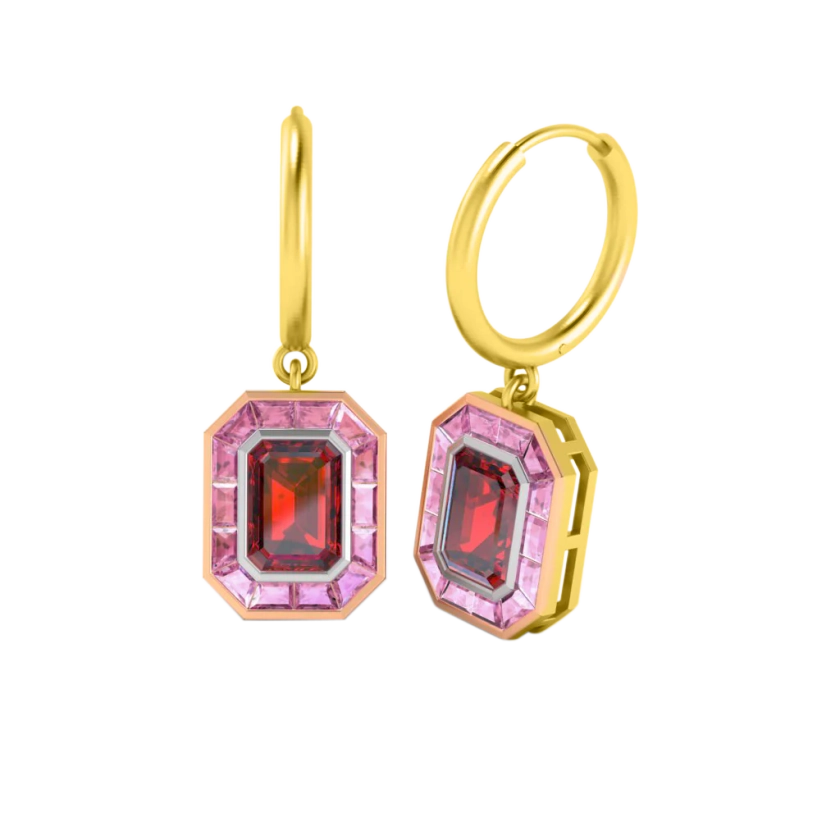 Deco Drop Emerald Ruby 18K Yellow Gold Earrings