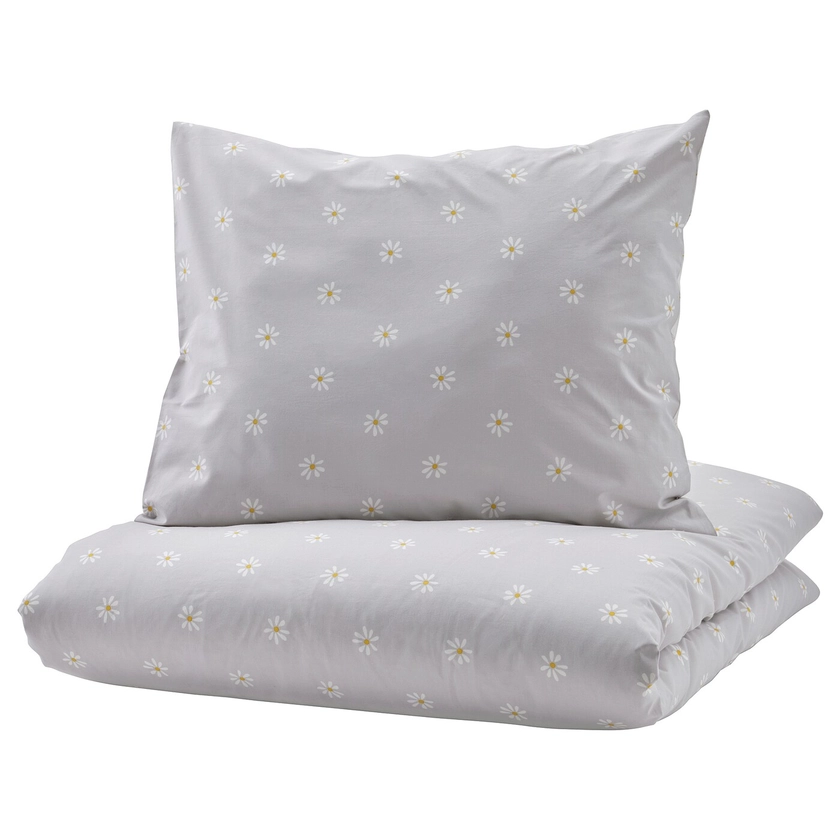 NATTSLÄNDA Duvet cover and pillowcase, floral pattern gray/white, Twin - IKEA