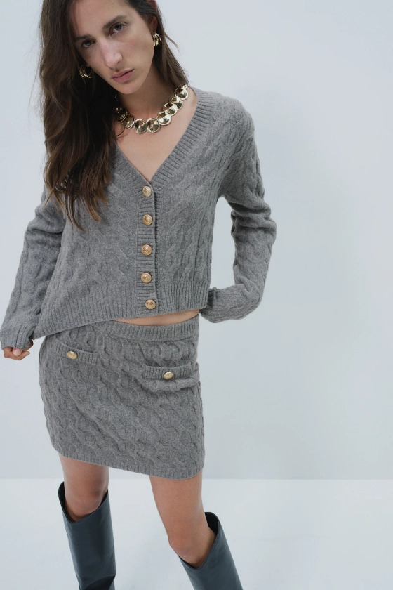 Cable-Knit Cardigan - V-neck - Long sleeve - Gray melange - Ladies | H&M US