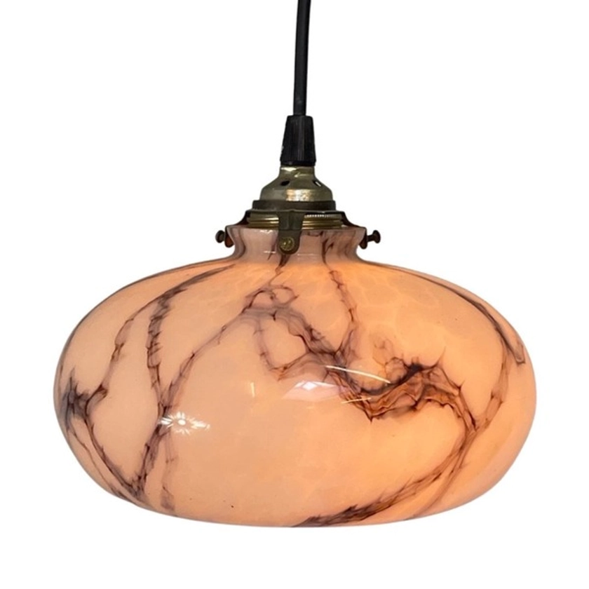 Art Deco   Hanging Pedant Light   Ceiling Fixture   Round With An Open Bottom And Top   Pink, Marbled Pattern | Vinterior