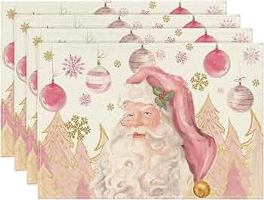 Artoid Mode Pink Santa Claus Trees Balls Christmas Placemats Set of 4, 30 x 45cm Seasonal Winter Xmas Holiday Vintage Washable Table Mats