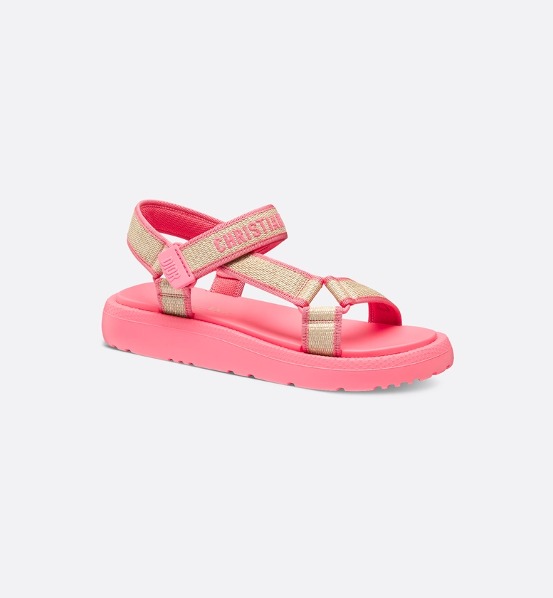 Dioriviera D-Wave Sandal Natural Raffia and Candy Pink Embroidered Cotton | DIOR