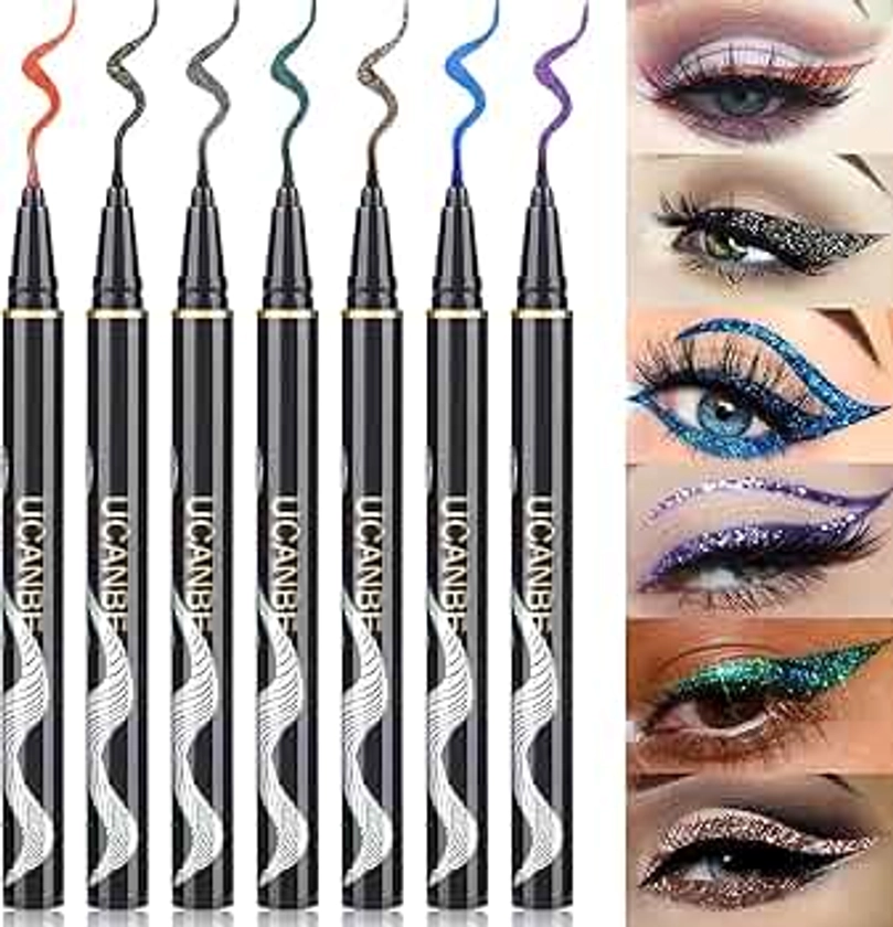 UCANBE 7 Colors Shimmer Liquid Eyeliner Makeup Set, Metallic Satin Finish Colorful Sparkling Eye Liner Pen, Long Lasting High Pigmented with Waterproof & Smudge Proof Formula