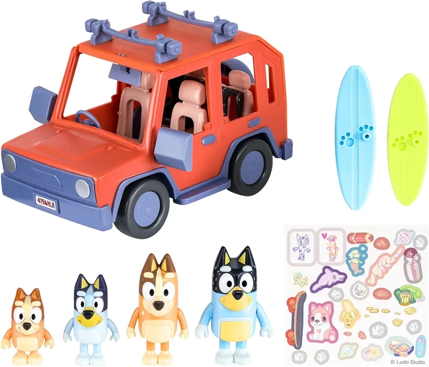 Bluey Heeler Family 4WD Vehicle and 4 Figure Pack, 2.5-3 Inch Figures, 2 Surfboards Accessories and Stickers | Amazon Exclusive