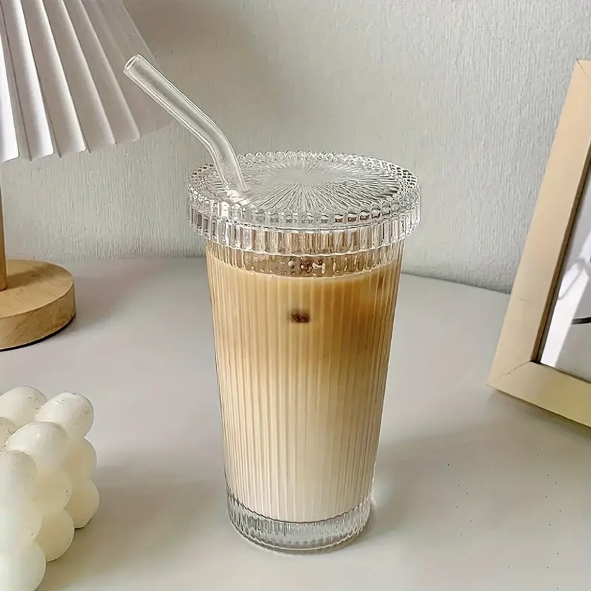 1pc Transparent Glass Cup, Milk Coffee Cup, Simple Striped Water Cup, Ribbed Glass Tumbler, High Borosilicate Coffee Glass Cup For Restaurant
