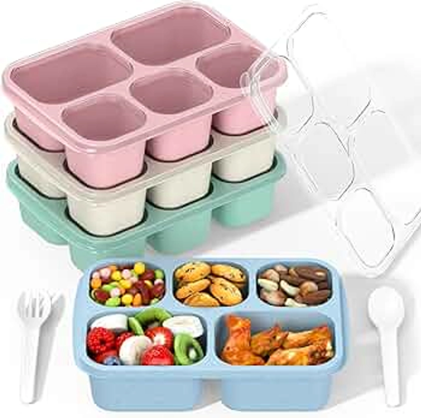 Bento Box Adult Lunch Box - 4 Pack, 5 - Compartment Meal Prep Container for Kids, Reusable Food Storage Snack Containers - Stackable for School, Work, and Travel (Wheat(Green/Blue/Pink/Beige))