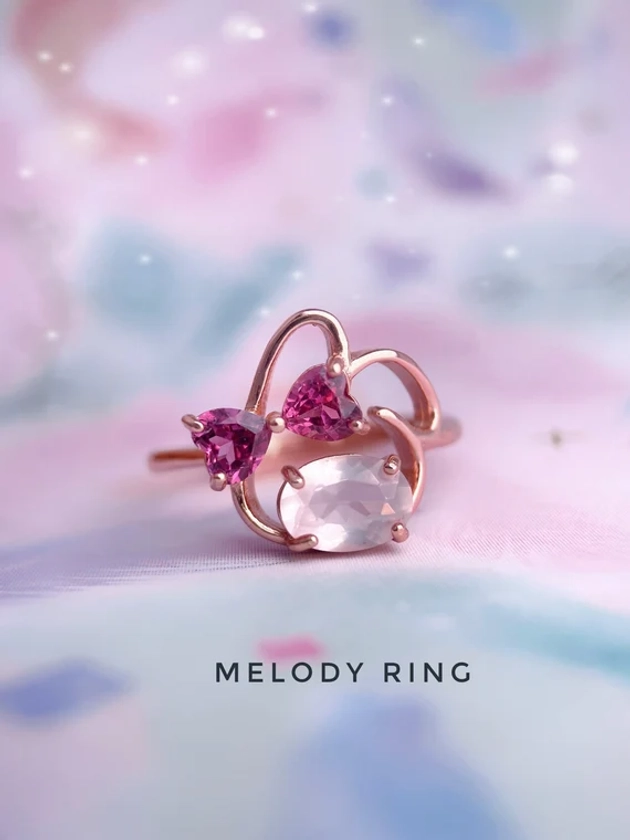 Melody Ring, Rose Quartz Ring, Rhodolite Ribbon Ring, Sanrio Ring, My Melody Ring, Rose Gold Ring, 925 Silver, Character Ring, Sweet Ring