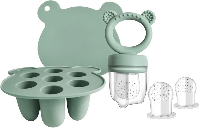 Zufio Grignoteuse bébé - sans BPA Tetine grignoteuse bébé 4M+ moule à glace au lait maternel conservation lait maternel - alimentateur de fruits en silicone (Blue) (Green Set)