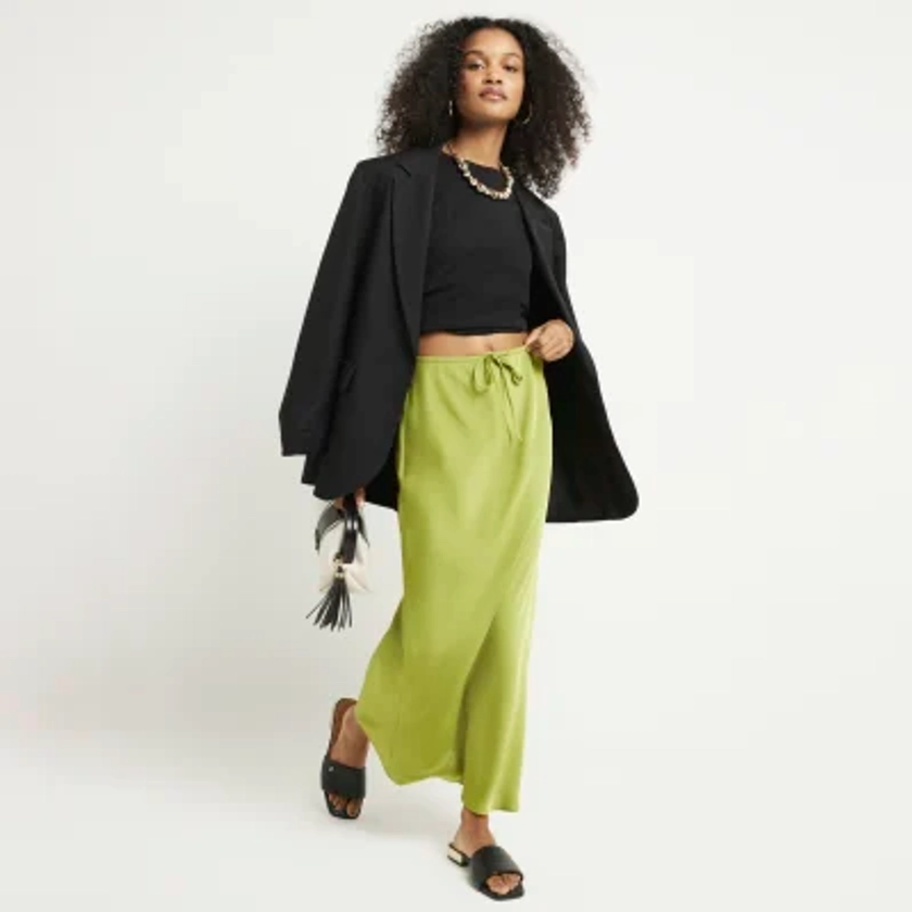 Green tie waist satin maxi skirt