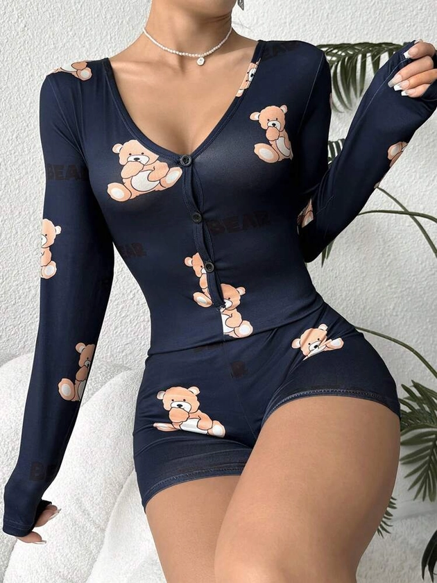 Women's Teddy Bear & Letter Print Pajamas Romper | SHEIN UK