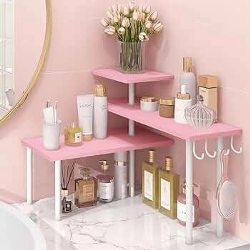 Homode Bathroom Counter Organizer Corner Shelf, Bathroom Organization 3 Tier Counter Shelf Organizer for Bathroom Countertop, Over Sink, Make Up, Dresser Table, Desktop, Pink