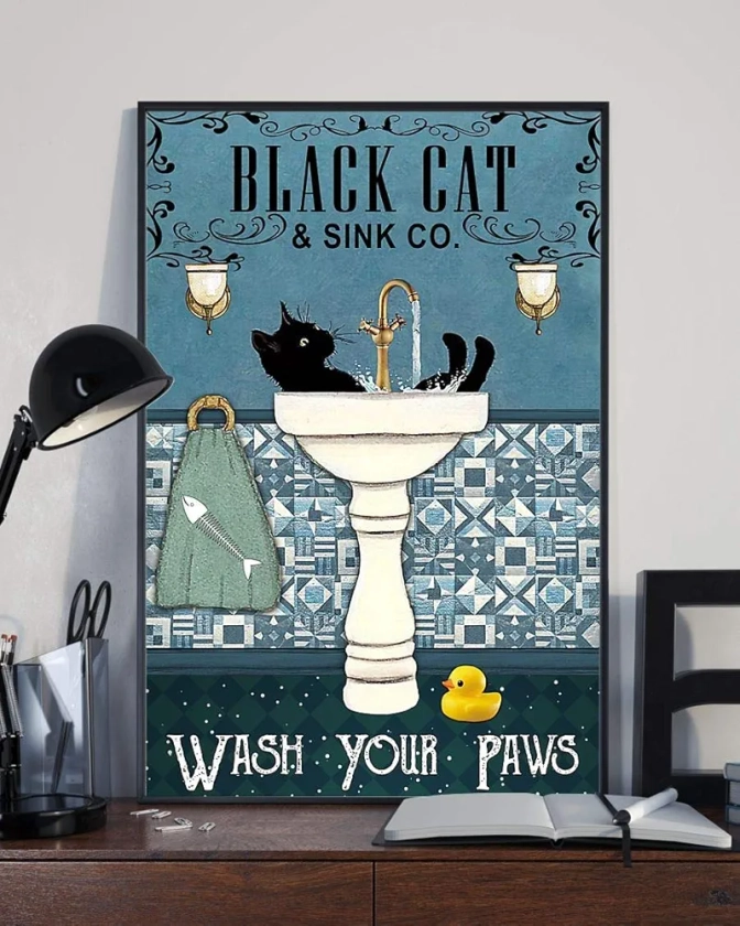 Poster humoristique en métal avec inscription « Wash Your Paw » - Chat noir - Décoration murale de salle de bain - 20,3 x 30,5 cm : Amazon.fr: Cuisine et Maison