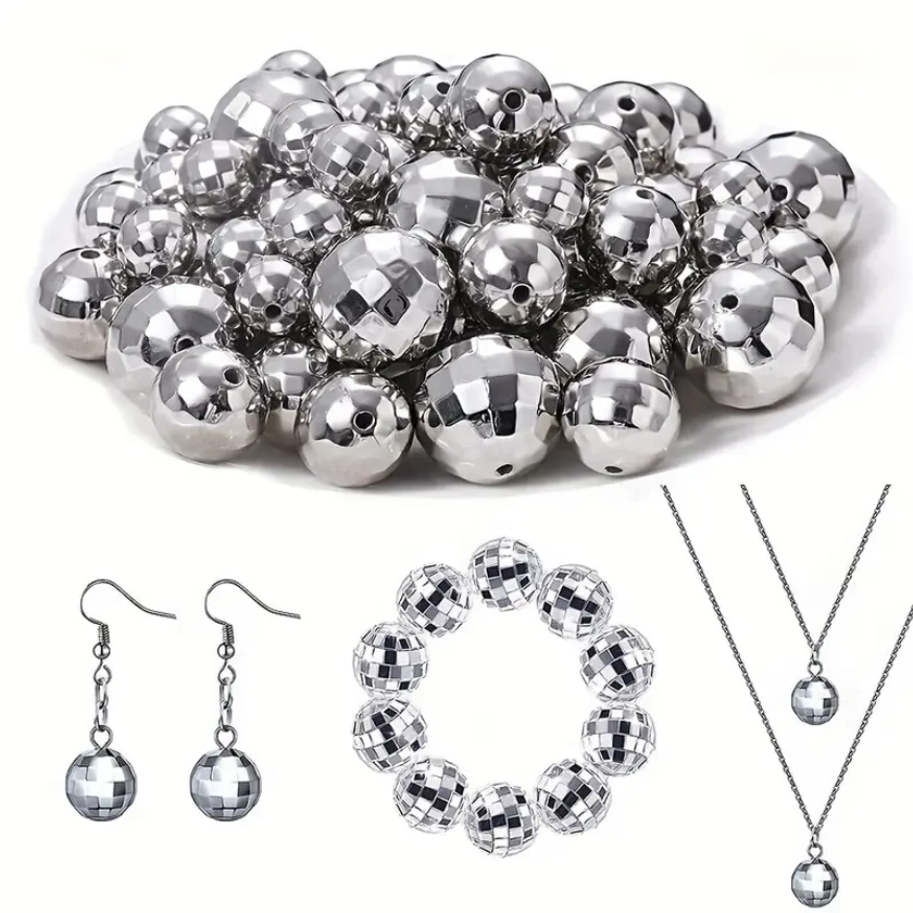 50/100/140pcs Disco Ball Round Silvery Reflective Mirror Beads, Bangle Necklace Jewelry Earrings, Retro Clothing Accessories, Holiday Party Gift, DIY